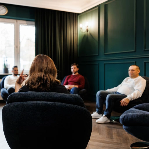 Grupa osób siedząca w kole w trakcie psychoterapii grupowej